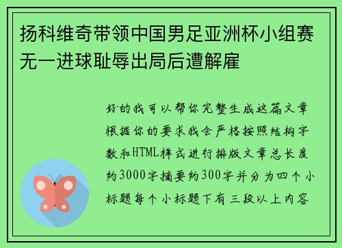 扬科维奇带领中国男足亚洲杯小组赛无一进球耻辱出局后遭解雇